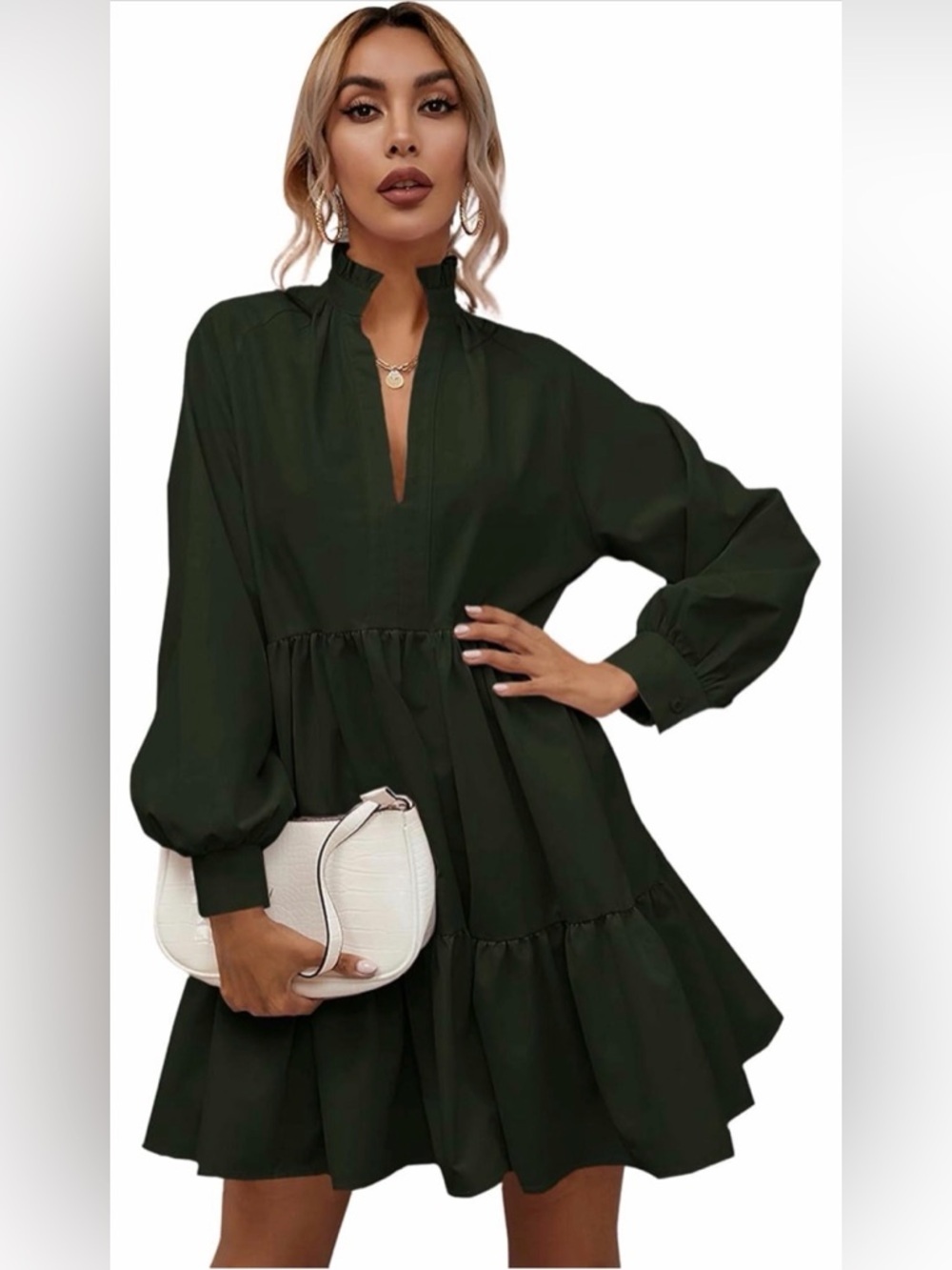 MakeMeChic Women’s Notch Neck Long Sleeve Dress – Dark Green (XS)